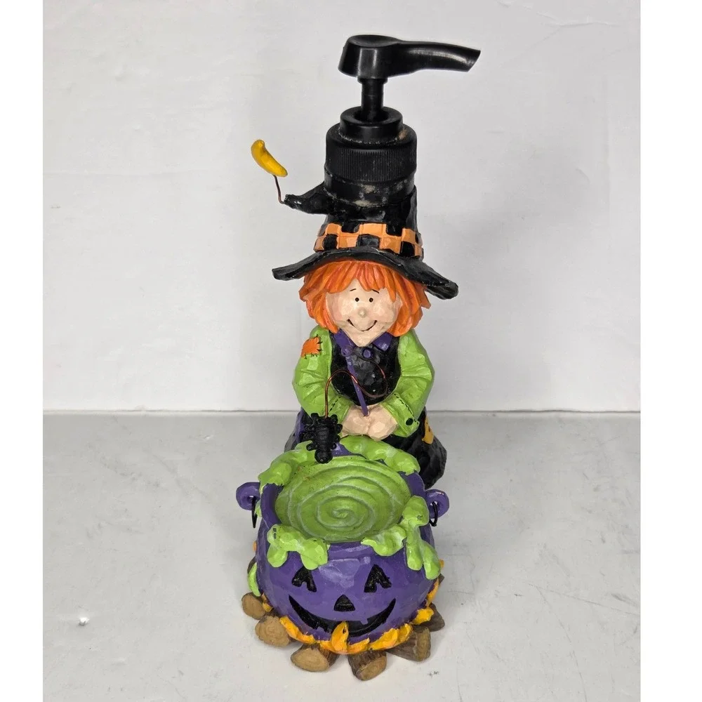 VTG Halloween Witch Cauldron Soap Dispenser Resin Figurine Purple Jack-O-Lantern